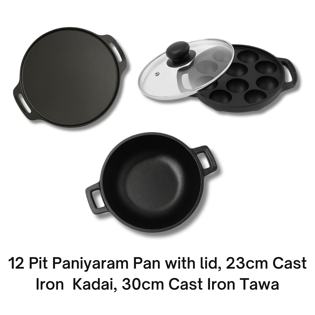 12-pit Paniyaram Pan with Lid, Kadai & Tawa Text