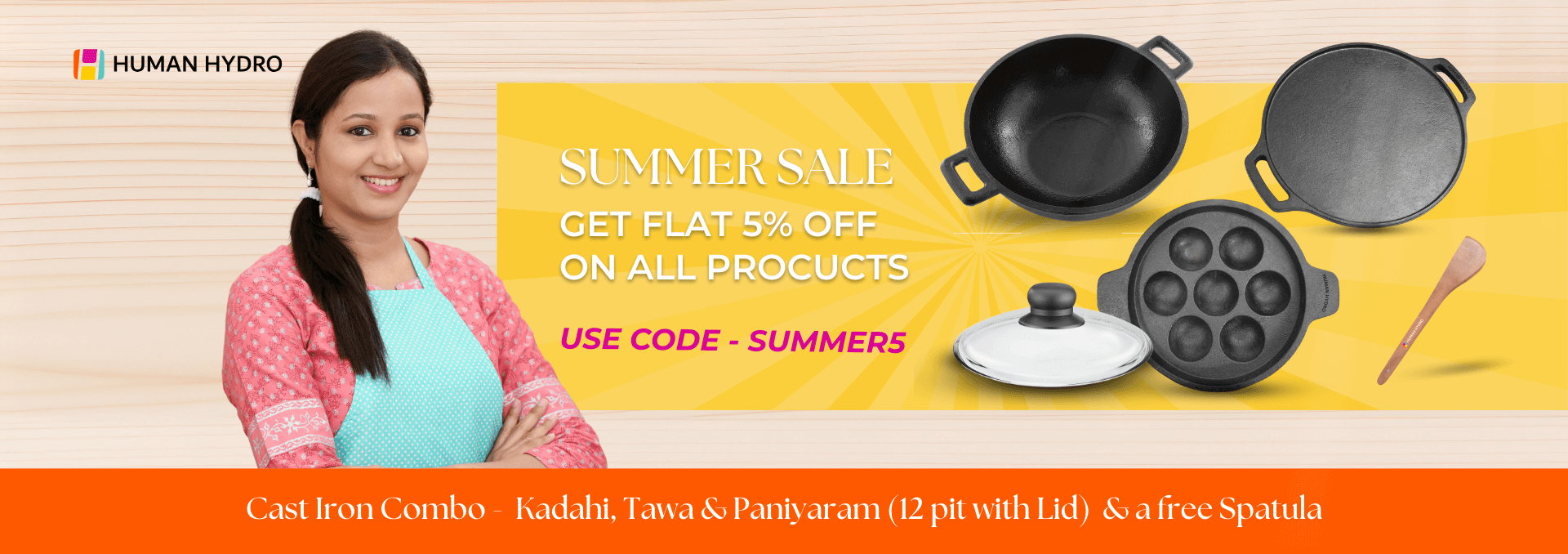 Promotional image for Summer Sale on cast iron cookware with a smiling woman and product display, highlighting 5% discount.