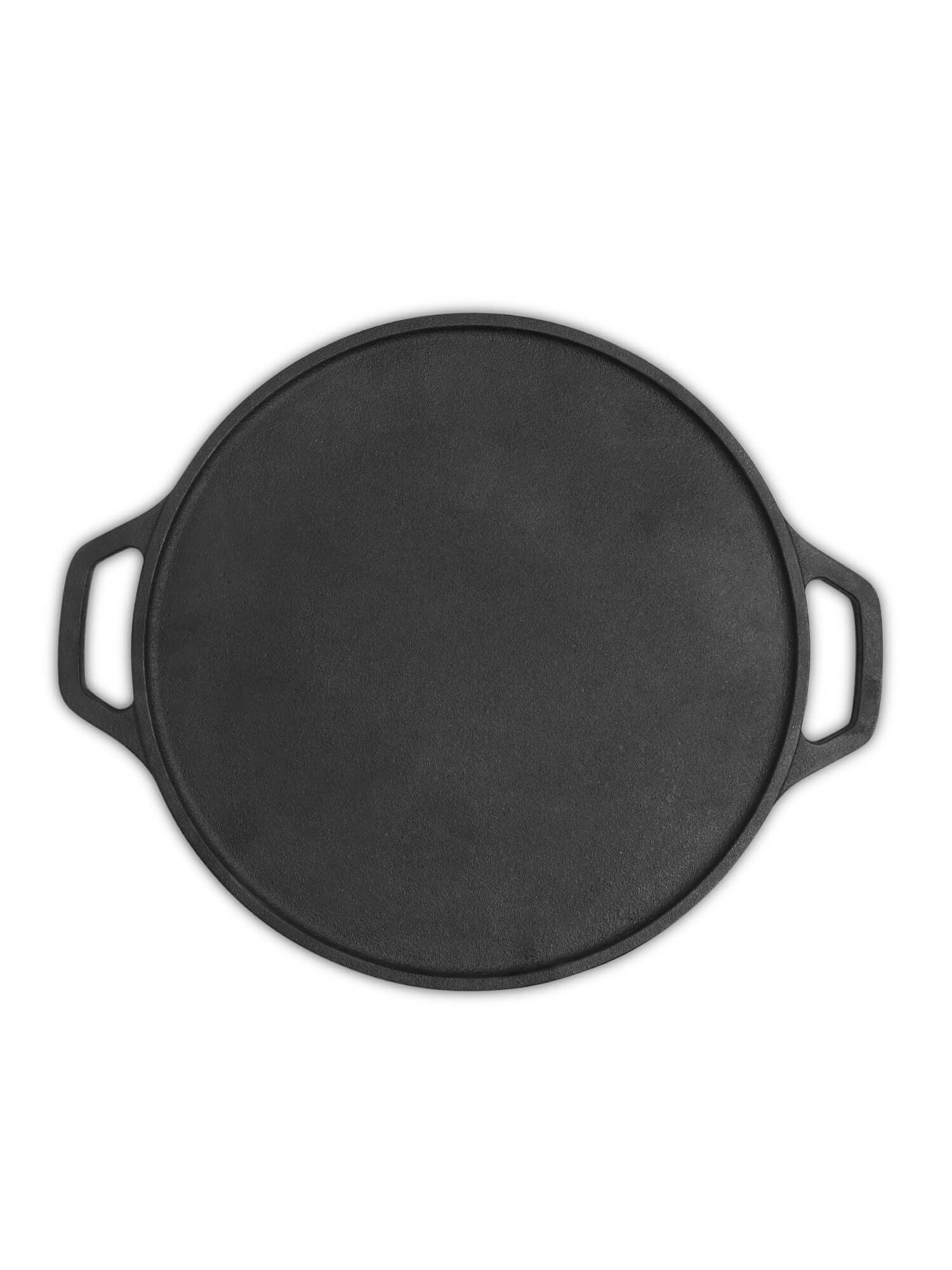2-in-1 cast iron grill tawa, 30CM, pre-seasoned, versatile for grilling and tandoor cooking, non-toxic design.