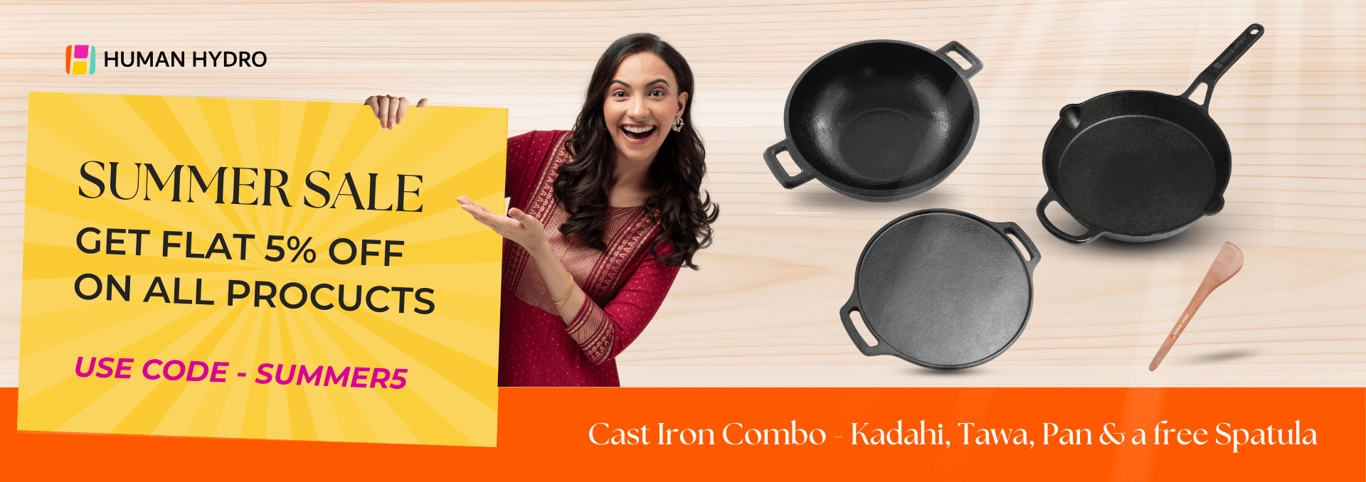 Summer sale image featuring a woman promoting a 5% discount on cast iron cookware and a spatula.