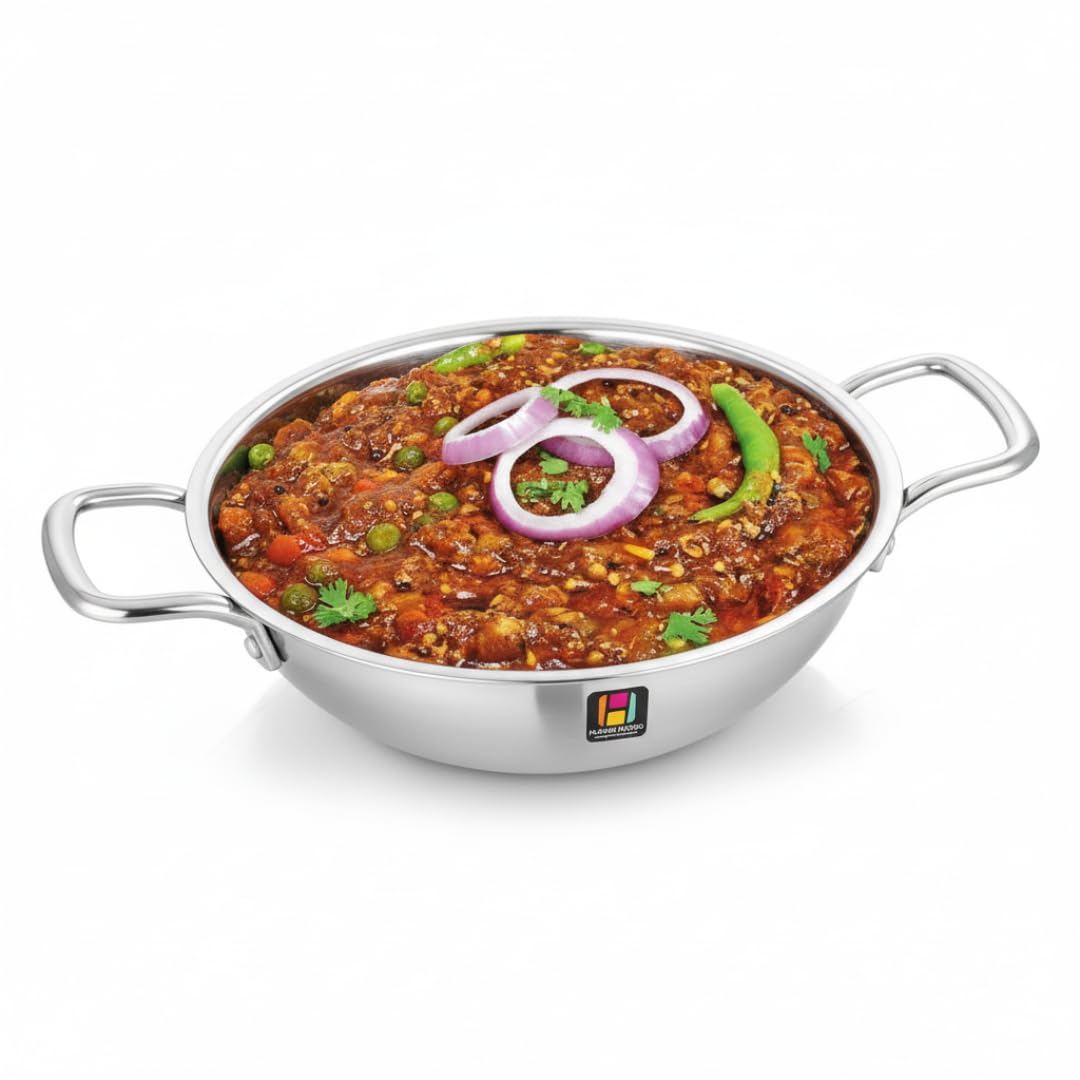 Tri-Ply Stainless Steel Kadai (22CM, 2.2L), 3-Layer Steel-Aluminum-Steel, Induction & Gas Compatible, Heavy-Duty for Deep Frying, Stir-Frying & Curries