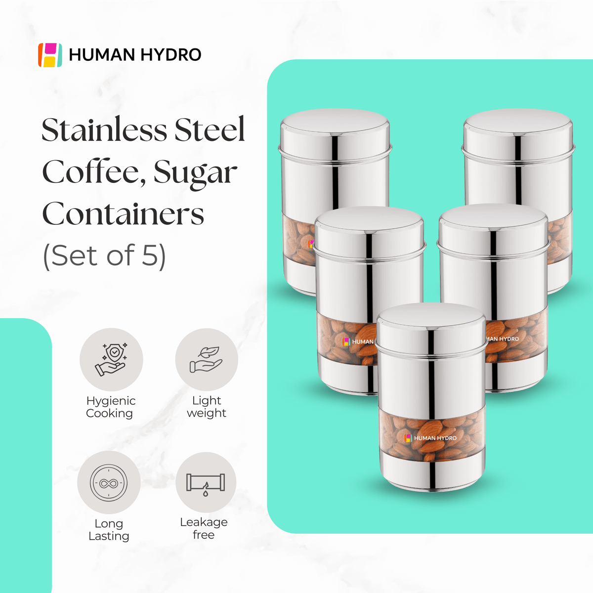 Stainless steel coffee and sugar containers set of 5, featuring transparent windows for easy identification.