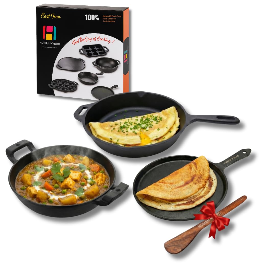 Pre-Seasoned Cast Iron Combo Set (3-Piece) | Fry Pan 24cm + Kadai 26cm (2.2L) + Single-Handle Dosa Tawa 25cm with Wooden Spatula | Gas & Induction Compatible | Naturally Non-Stick