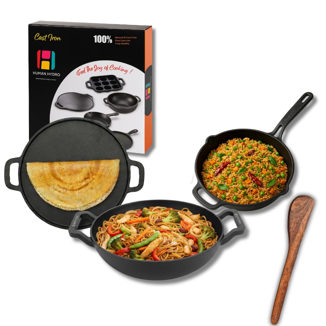 Cast Iron Cookware Set with Free Wooden Spatula, Kadai (23CM), Fry Pan (25CM), Tawa (30CM), Naturally Nonstick, Induction & Gas Compatible