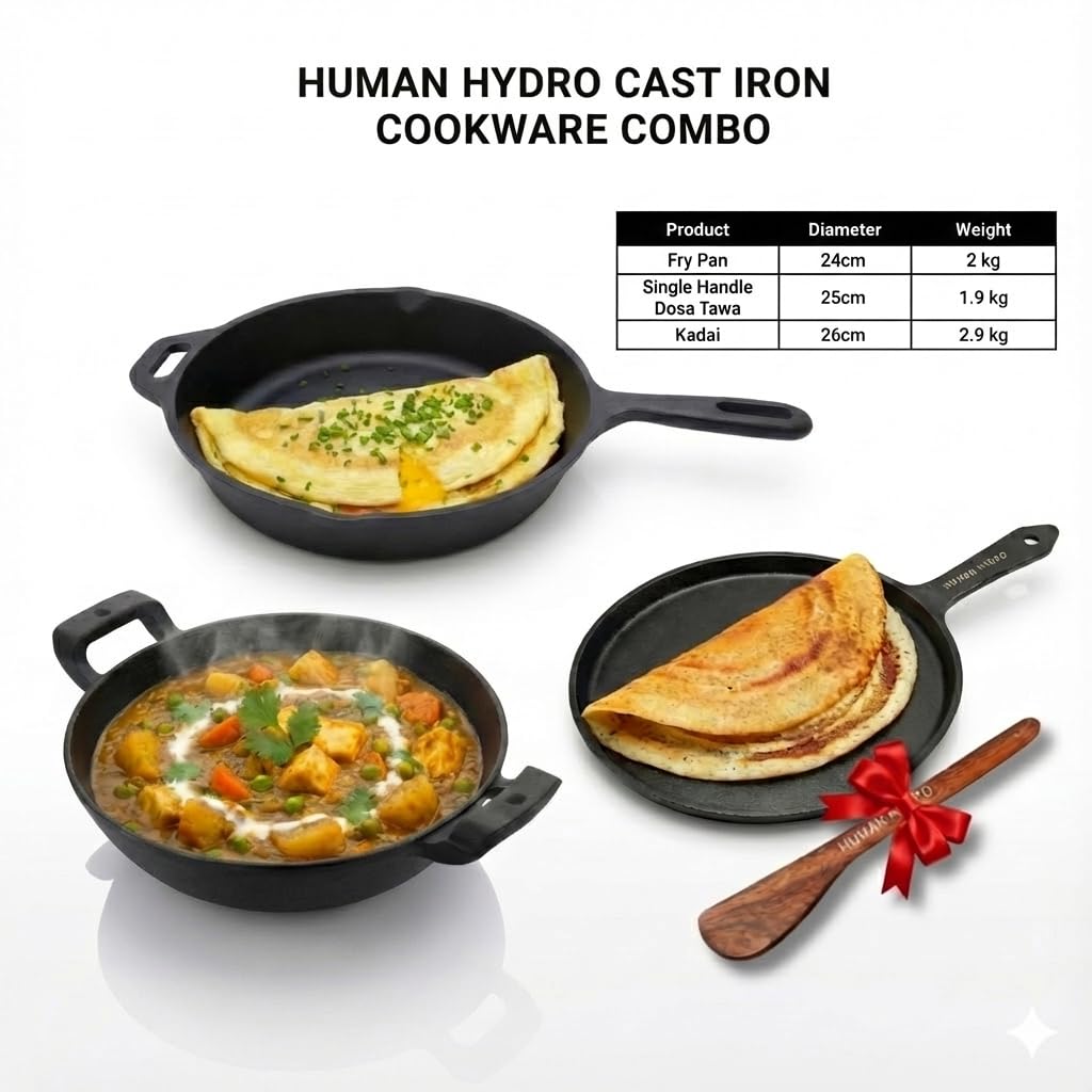 Pre-Seasoned Cast Iron Combo Set (3-Piece) | Fry Pan 24cm + Kadai 26cm (2.2L) + Single-Handle Dosa Tawa 25cm with Wooden Spatula | Gas & Induction Compatible | Naturally Non-Stick