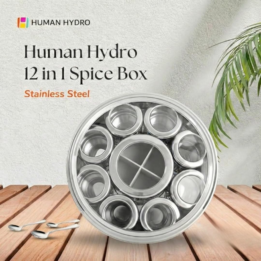 12-in-1 Stainless Steel Masala Dabba with See-Through Lid, Airtight Spice Box & Spice Organizer for Kitchen