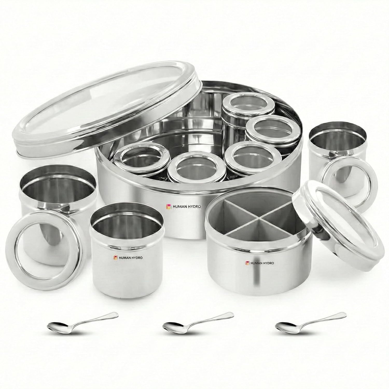 12-in-1 Stainless Steel Masala Dabba with See-Through Lid, Airtight Spice Box & Spice Organizer for Kitchen