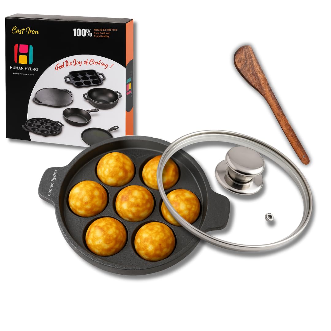 Pre-Seasoned Cast Iron 7-Pit Paniyaram Pan with Glass Lid & Wooden Spatula – Naturally Nonstick, Induction & Gas Compatible