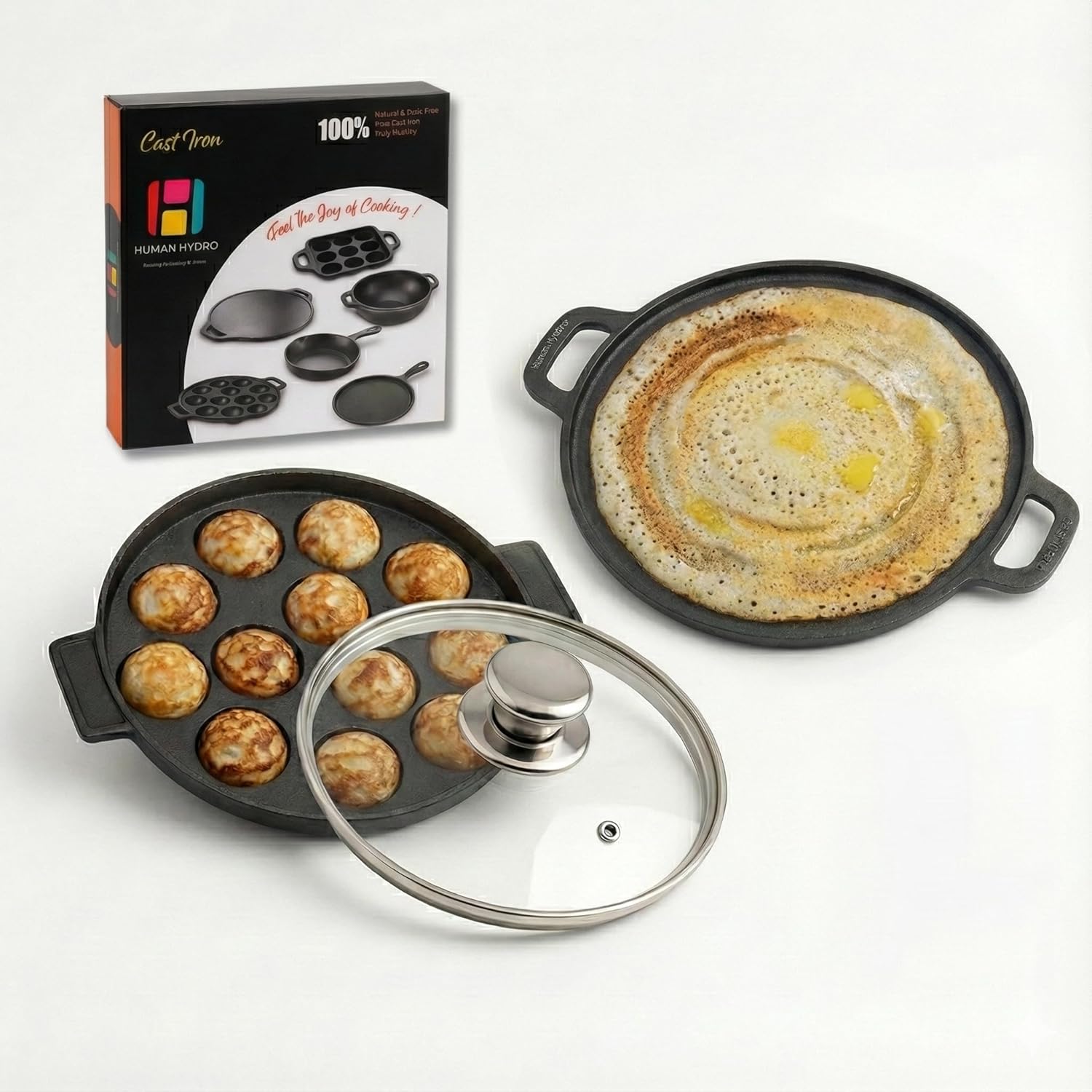 Cast Iron Cookware Set - 30CM Dosa Tawa and 12-Pit Paniyaram Pan with Glass Lid, Pre-Seasoned, Naturally Nonstick, Gas & Induction Compatible