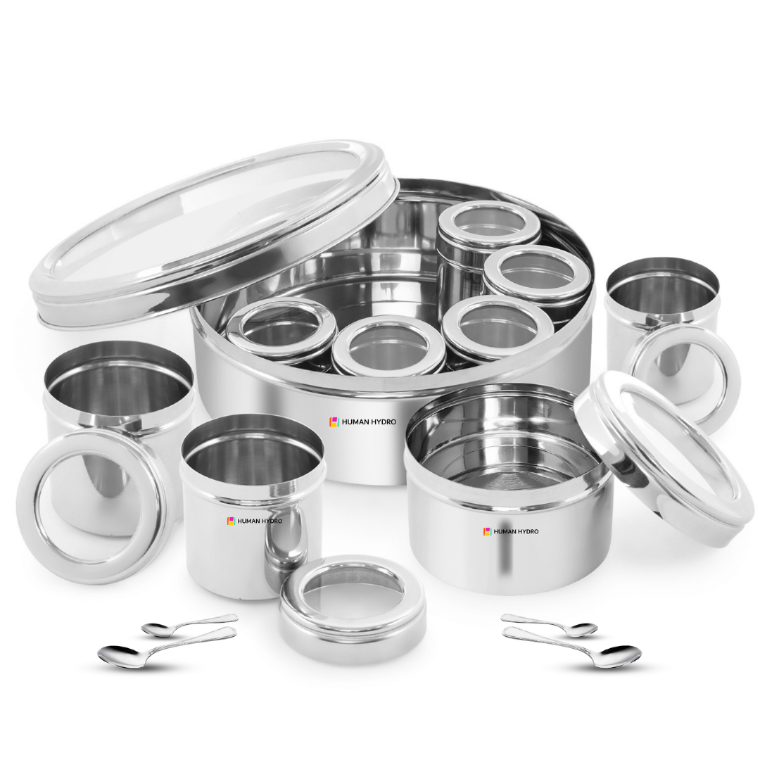 9-in-1 Stainless Steel Masala Dabba with see-through lid and mini containers for spice organization.