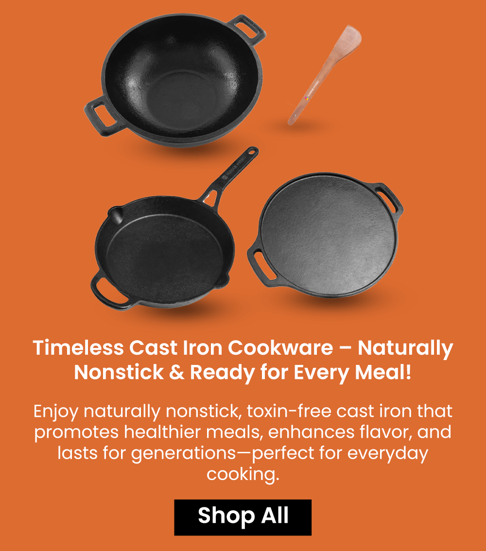 Timeless cast iron cookware set including frying pan, skillet, and spatula for healthy, flavorful cooking.