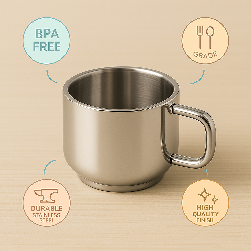 Set of 12 Premium Large Stainless Steel Tea Cups (130 ml each), Spill-Proof Rim Design, Durable, Rust-Free & Dishwasher Safe
