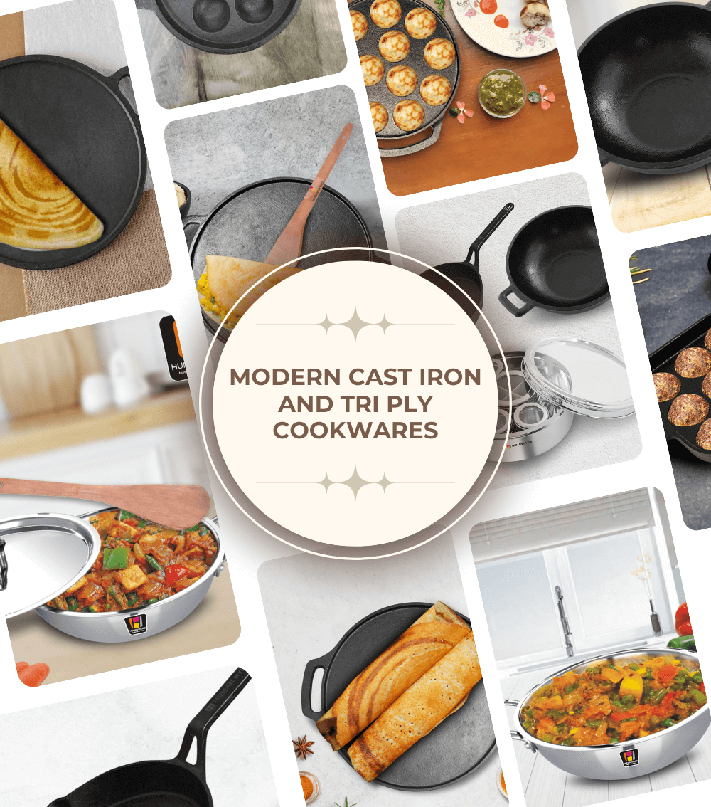 A variety of modern cast iron and tri-ply cookware showcasing functionality and style.