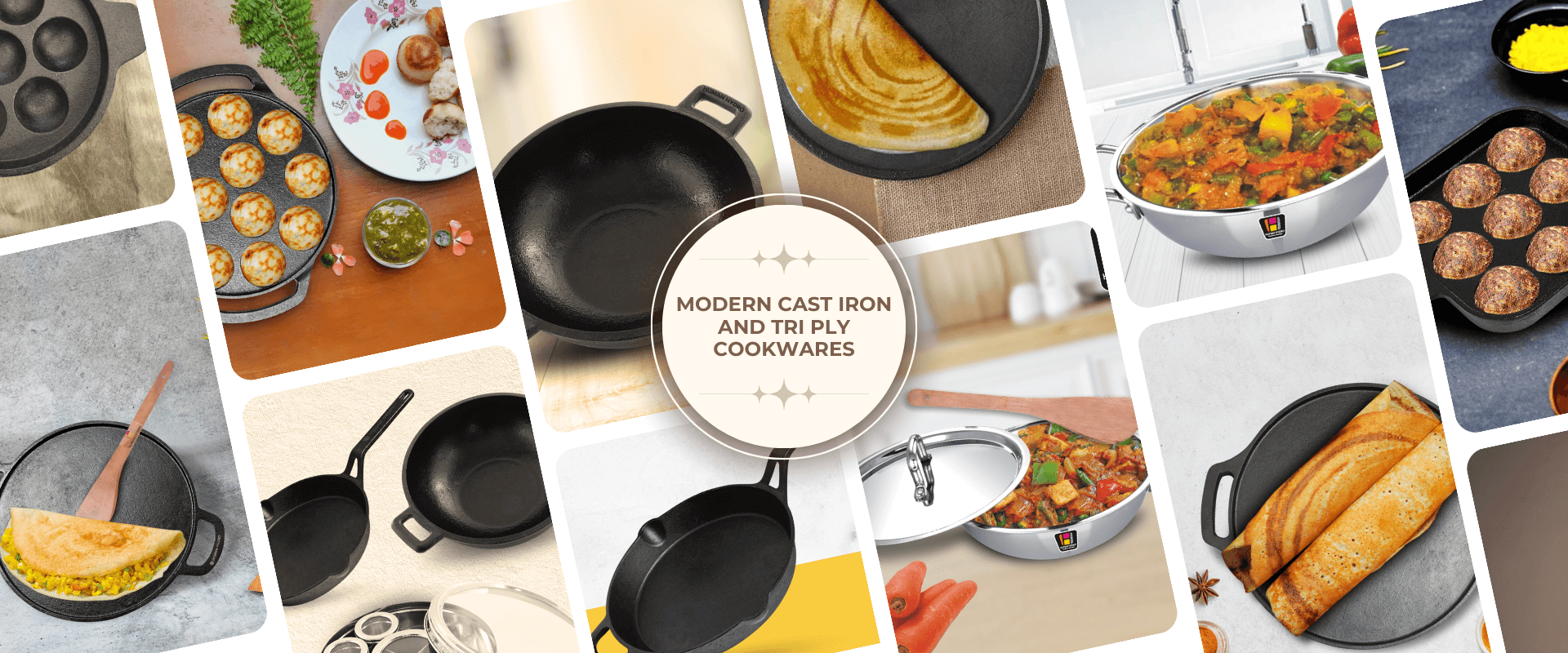 Collage of modern cast iron and tri-ply cookware showcasing various cooking styles and dishes.