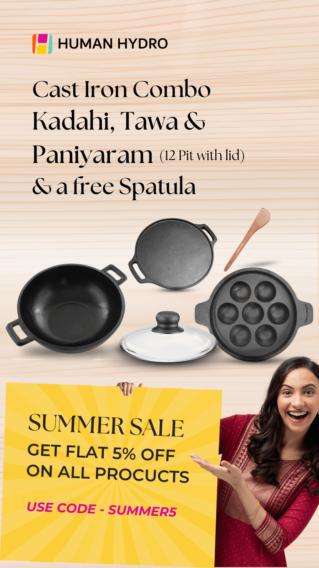 Cast iron cookware set including kadai, tawa, paniyaram pan, and spatula. Summer sale with 5% off all products.