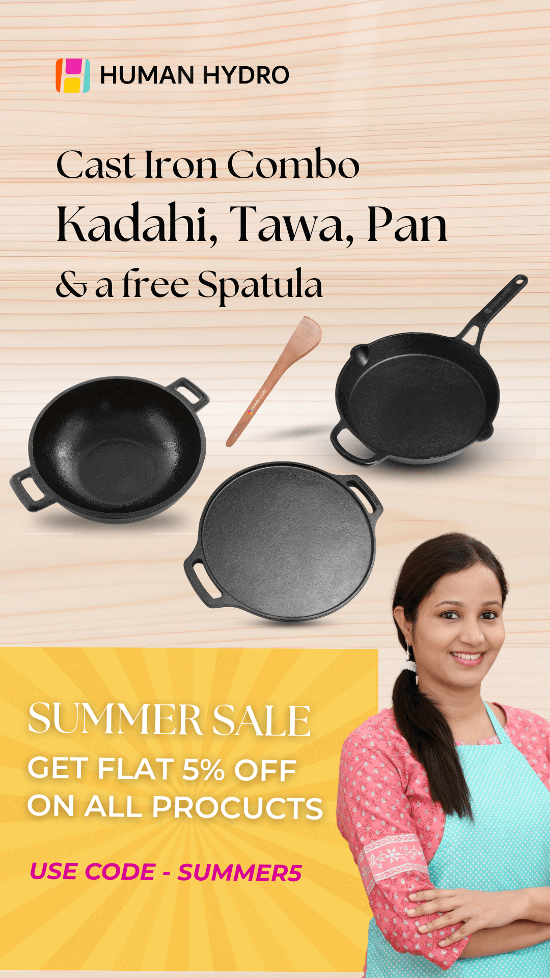 Promotional image for Human Hydro's summer sale on cast iron cookware combo, featuring kadahi, tawa, pan, and spatula.