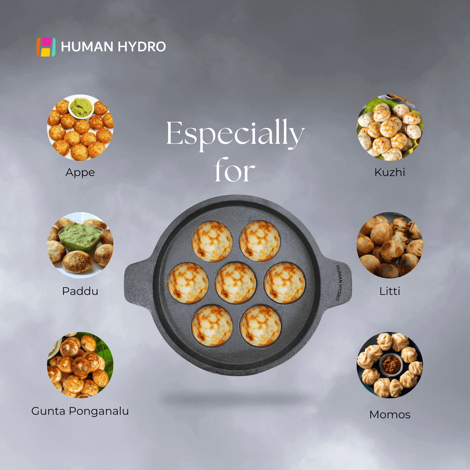 Cast Iron 7-Pit Paniyaram Pan with traditional Indian dishes: appe, kuzhi, paddu, litti, gunta ponganalu, momos.