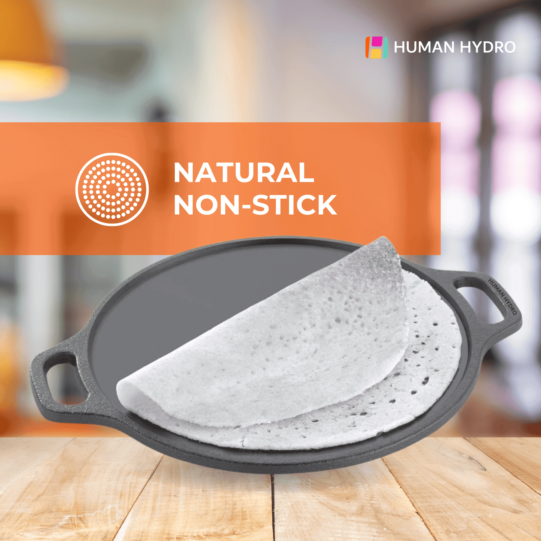 Pre-seasoned cast iron double handle dosa tawa showcasing natural non-stick surface and crisp dosa.