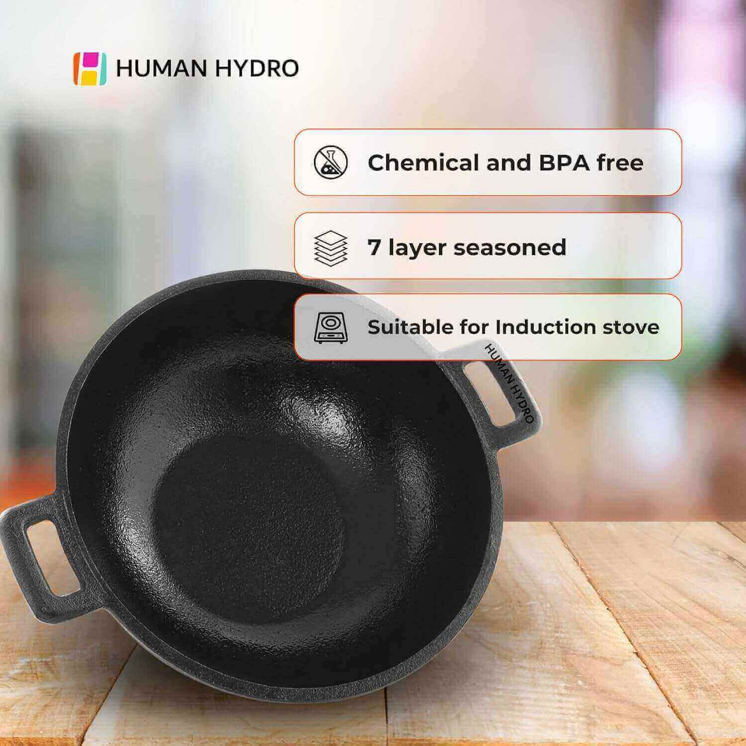 Human Hydro cast iron kadai, 23CM, chemical-free, BPA-free, 7-layer seasoned, induction stove compatible.