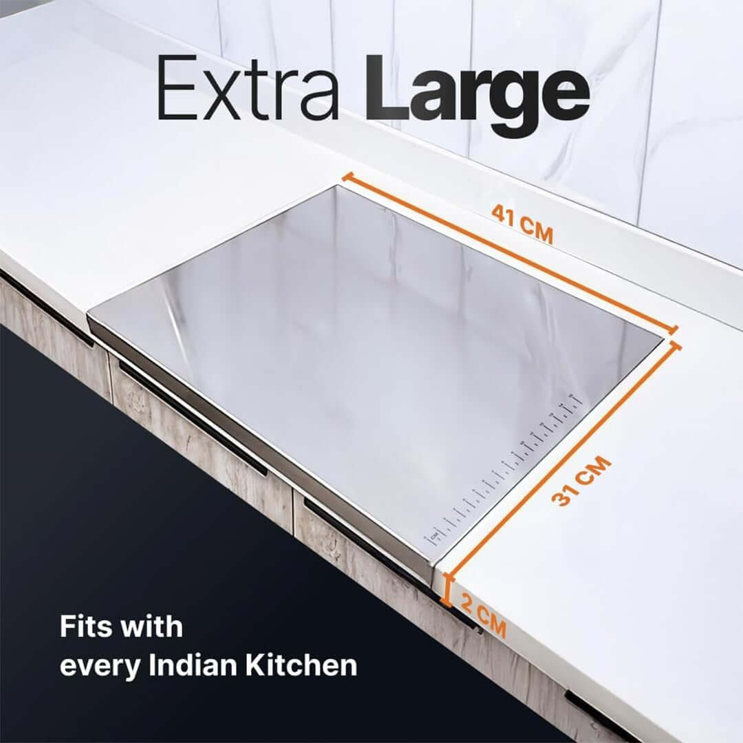 Extra large stainless steel chopping board (41 x 31CM) fits every Indian kitchen, ideal for heavy-duty use.