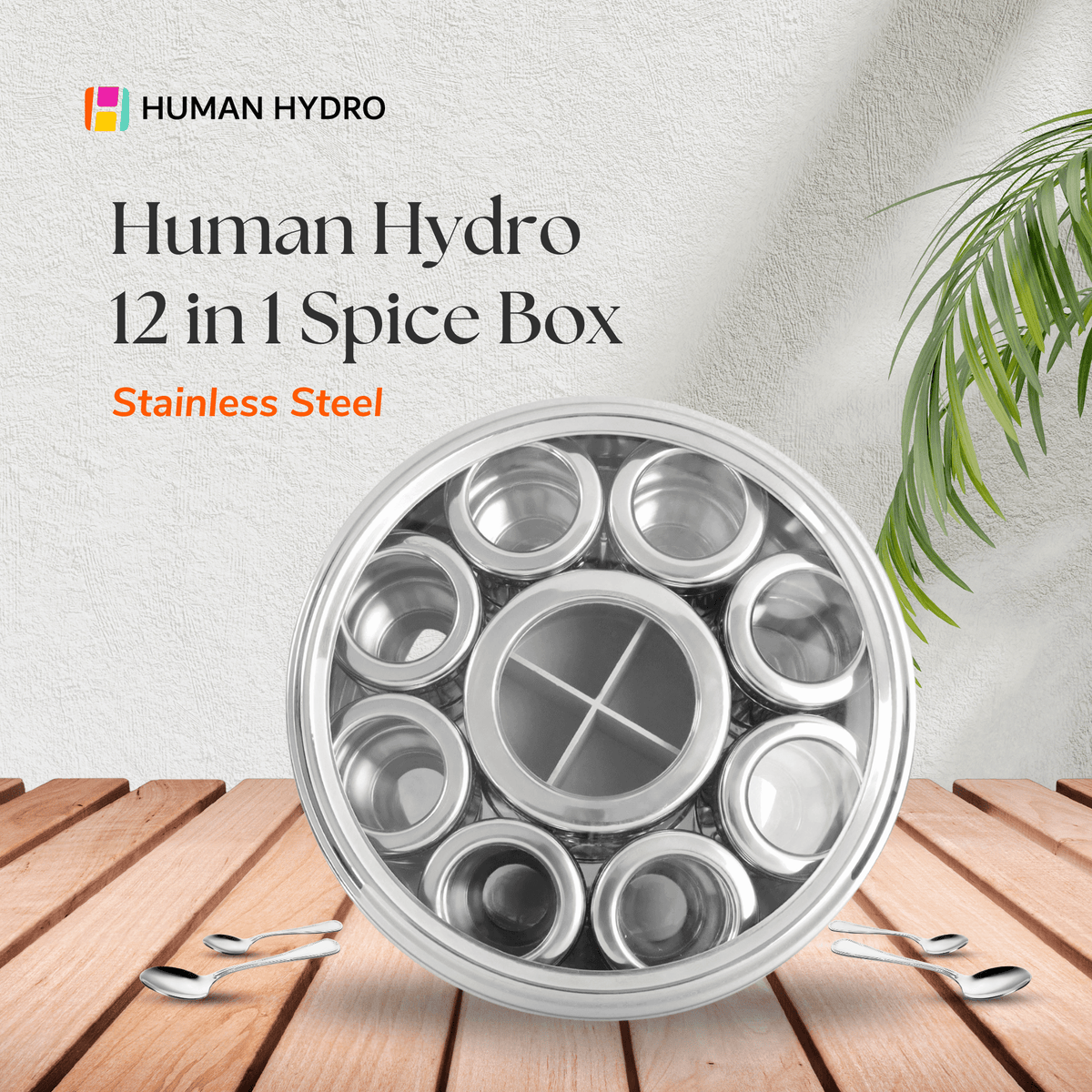 12-in-1 stainless steel spice box with see-through lid and mini containers for kitchen organization.