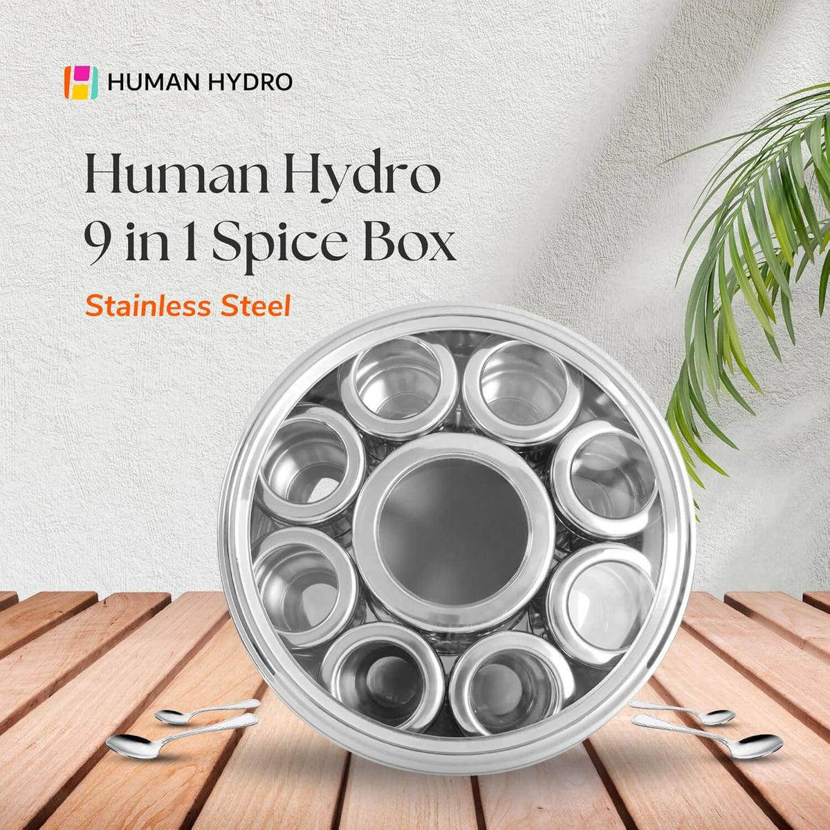 9-in-1 stainless steel masala dabba with see-through lid, perfect for organized spice storage in the kitchen.