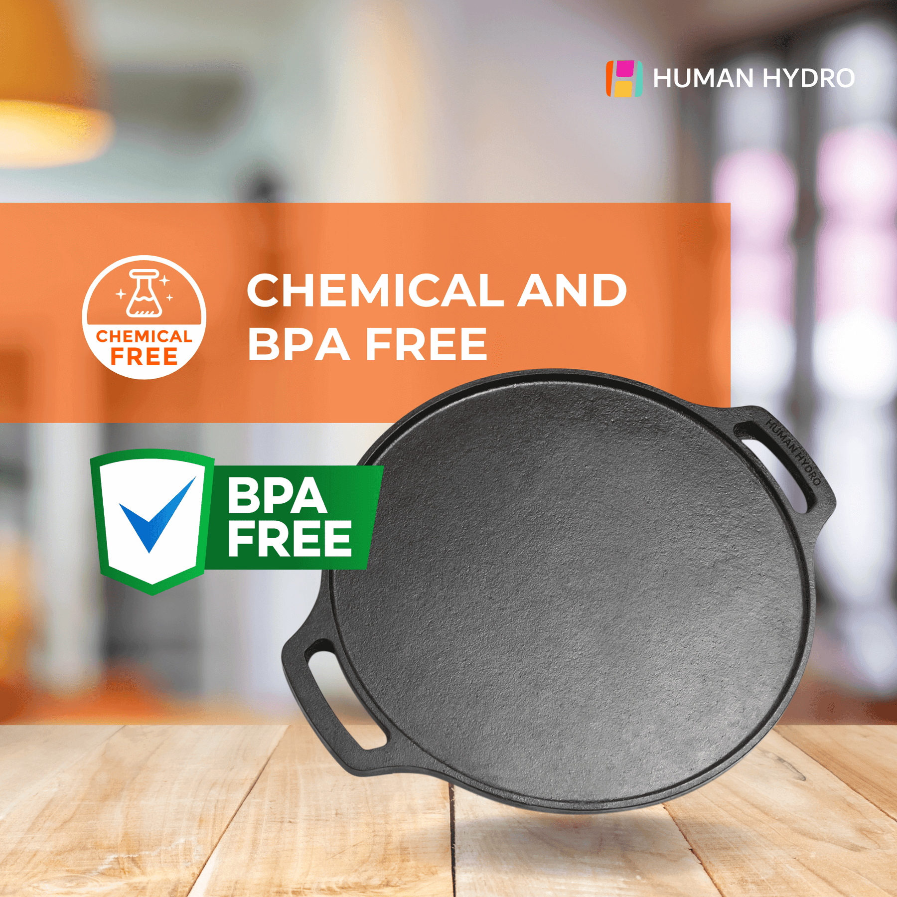 Human Hydro cast iron dosa tawa, BPA free and chemical free, showcasing its non-toxic cooking qualities.