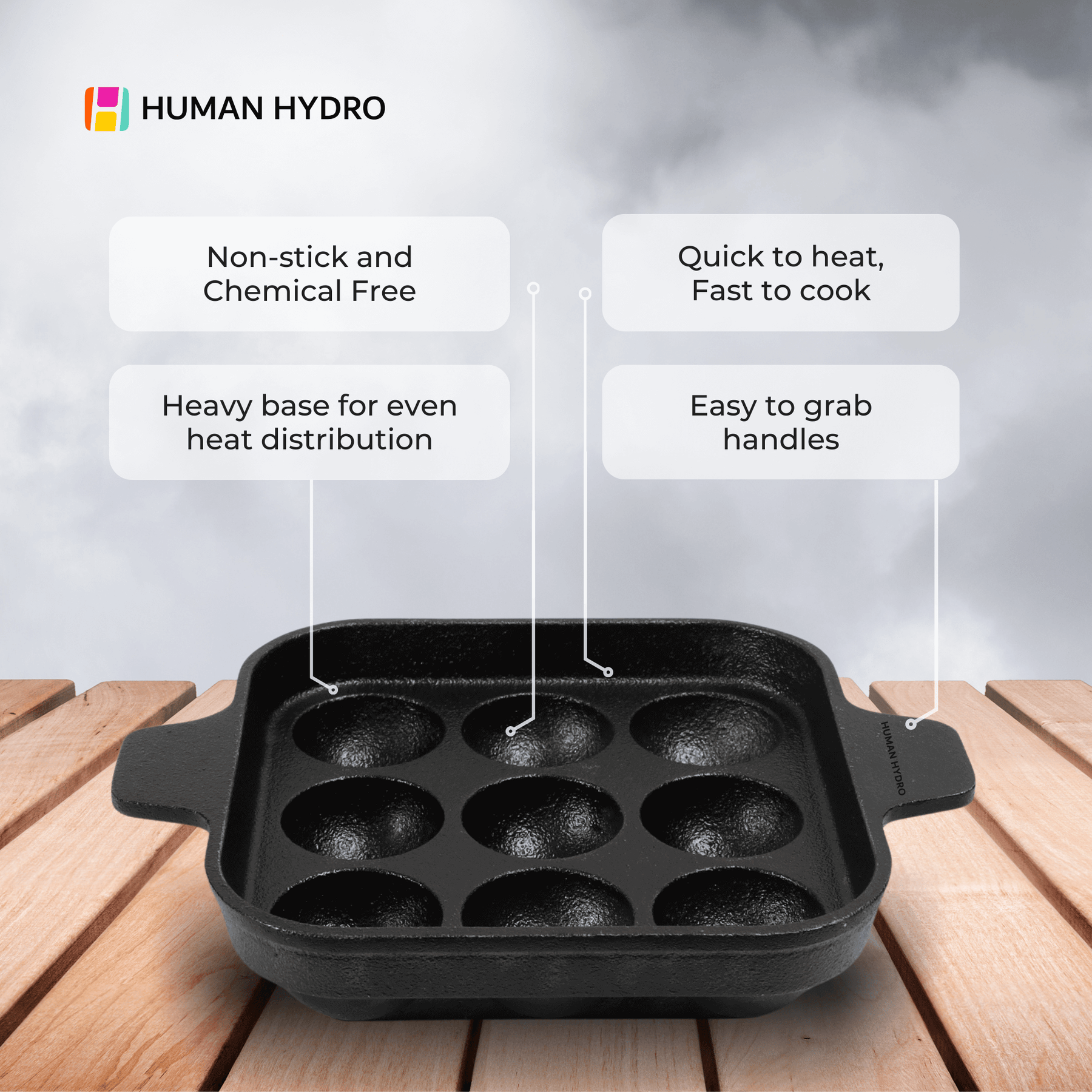 Human Hydro Cast Iron Paniyaram Pan with 9 pits, non-stick, chemical-free, featuring quick heat and easy-grab handles.