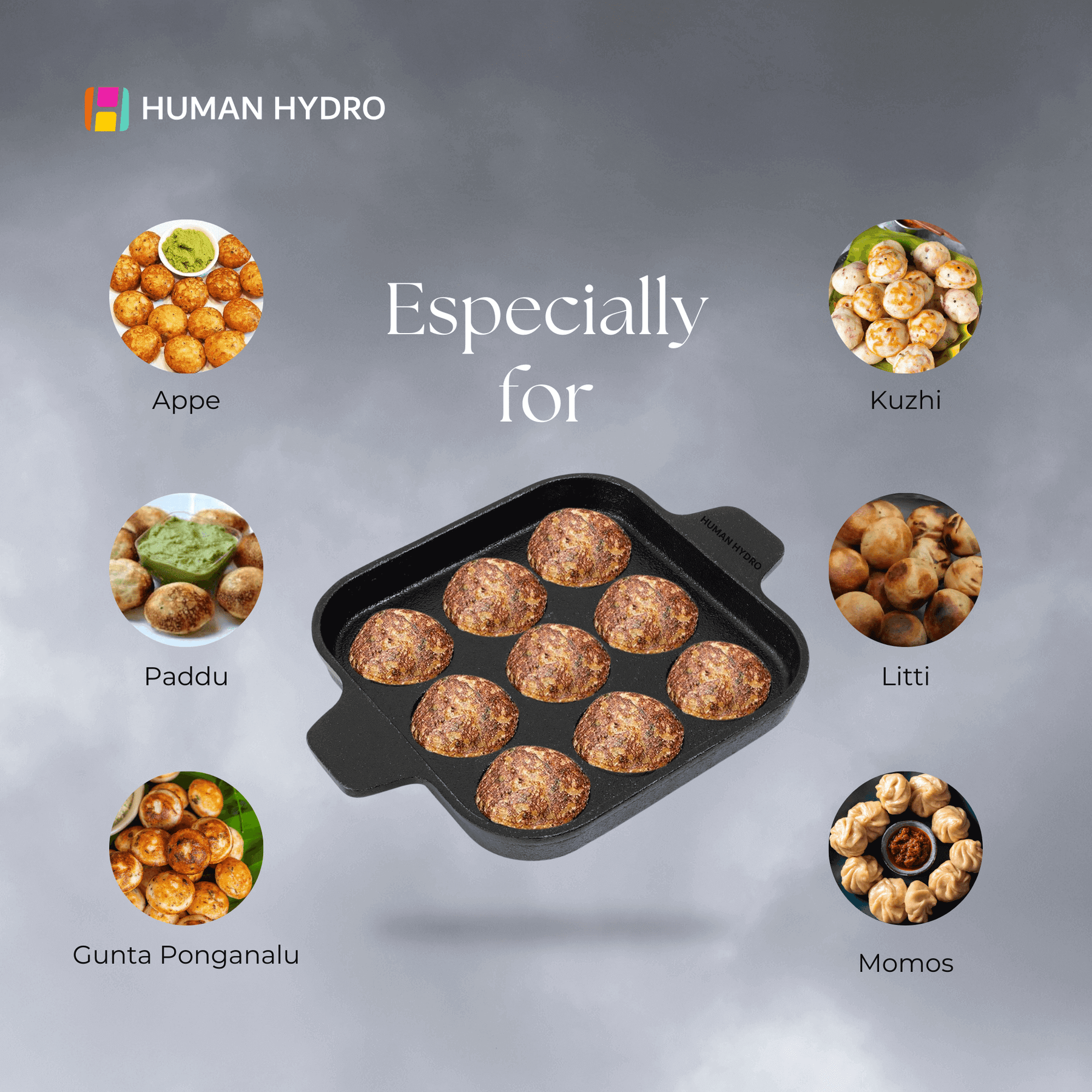 Cast Iron Paniyaram Pan with 9 pits, ideal for Appes, Kuzhi, Paddu, Litti, Gunta Ponganal, and Momos.