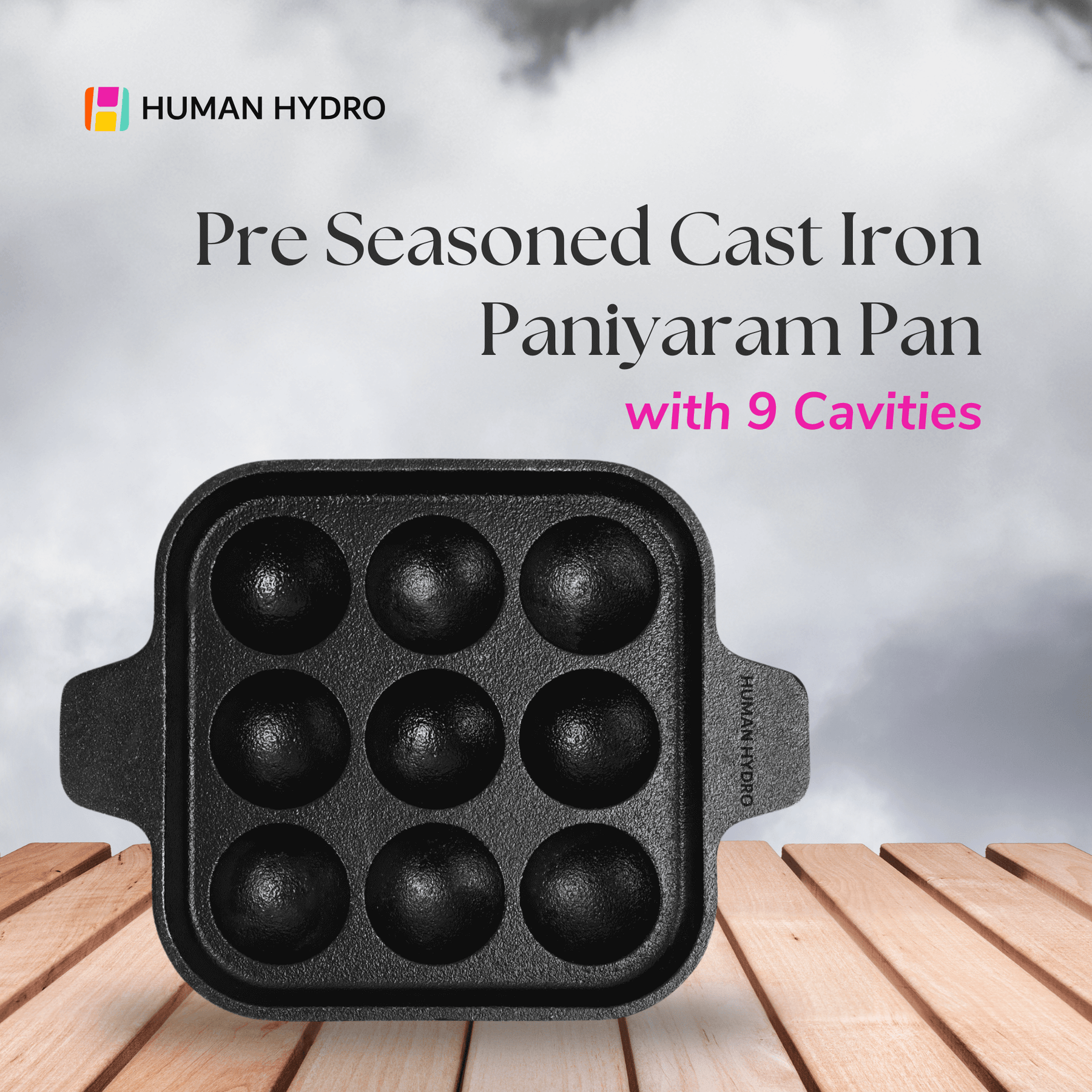 Pre-seasoned cast iron paniyaram pan with 9 cavities, perfect for traditional Indian cooking.