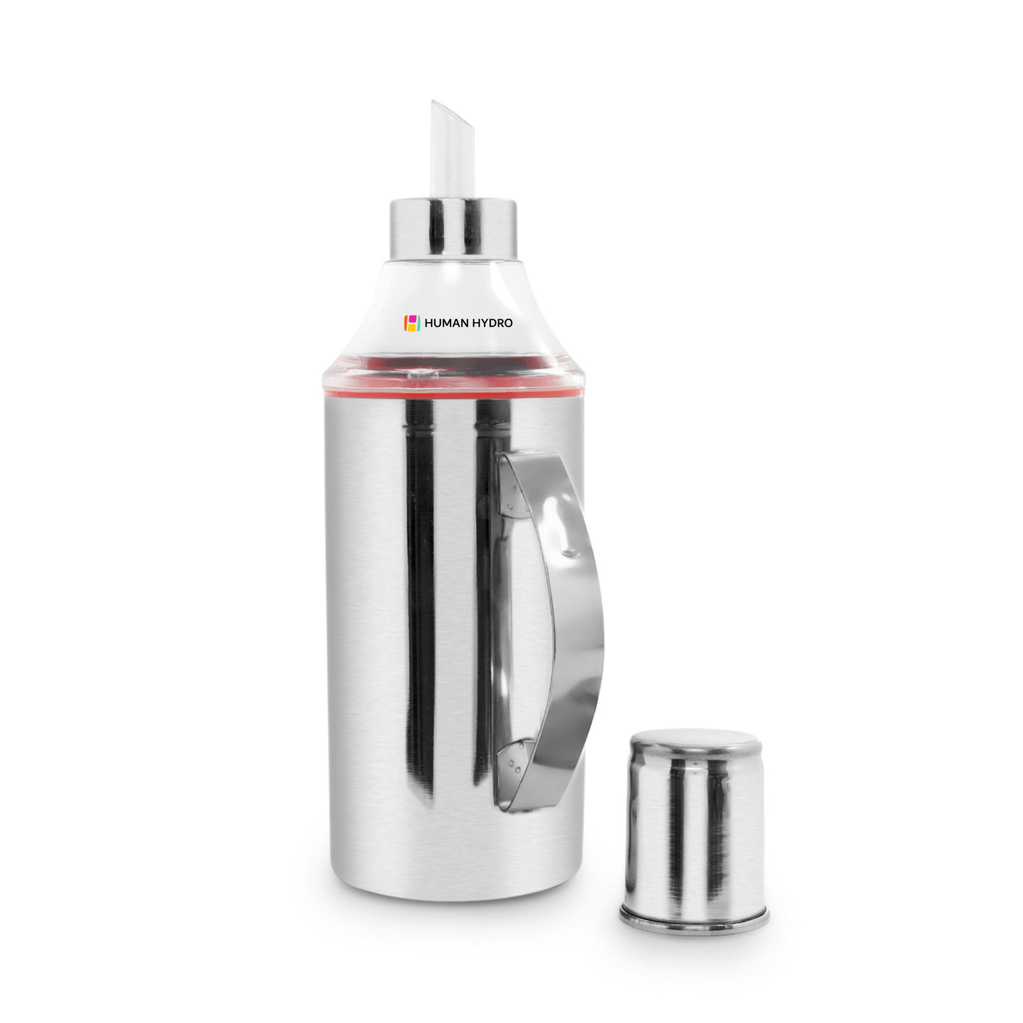 Human Hydro stainless steel oil dispenser bottle (1L) with drip-free spout and leak-proof lid.