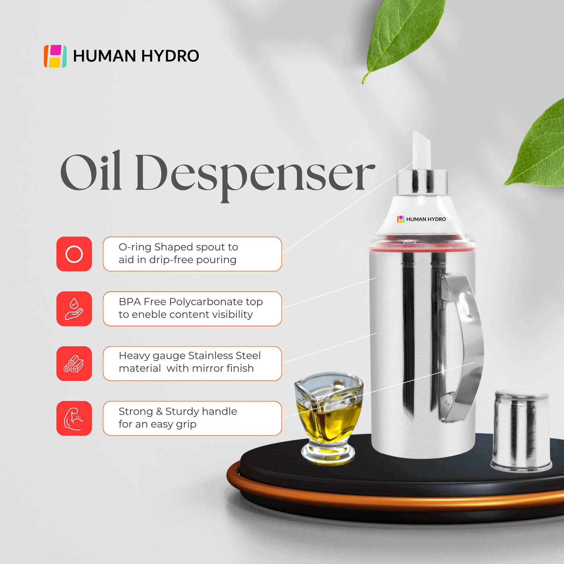 Stainless steel oil dispenser bottle with drip-free spout and sturdy handle, designed for mess-free kitchen pouring.