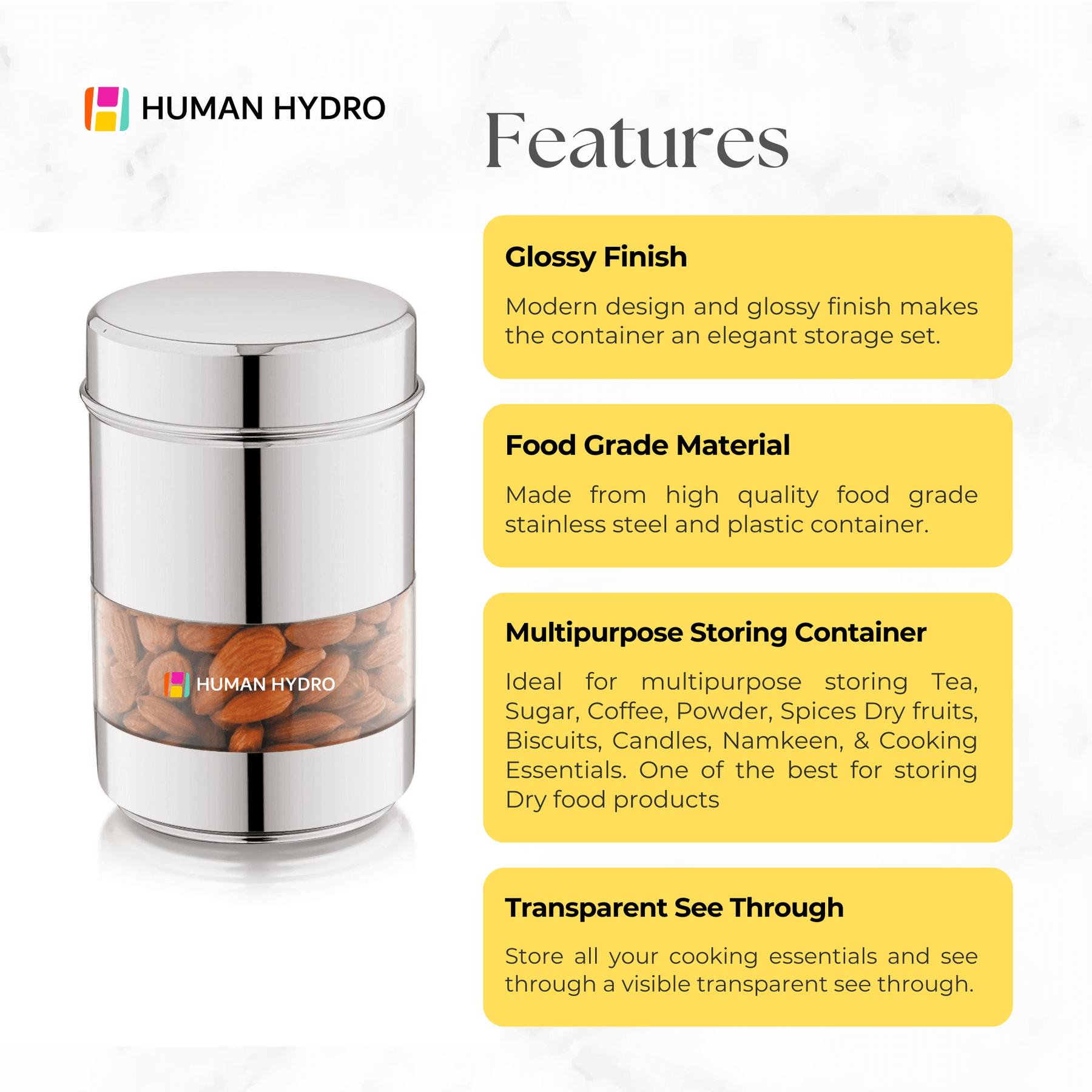 Human Hydro 750ml stainless steel storage container with glossy finish and transparent window for food storage.