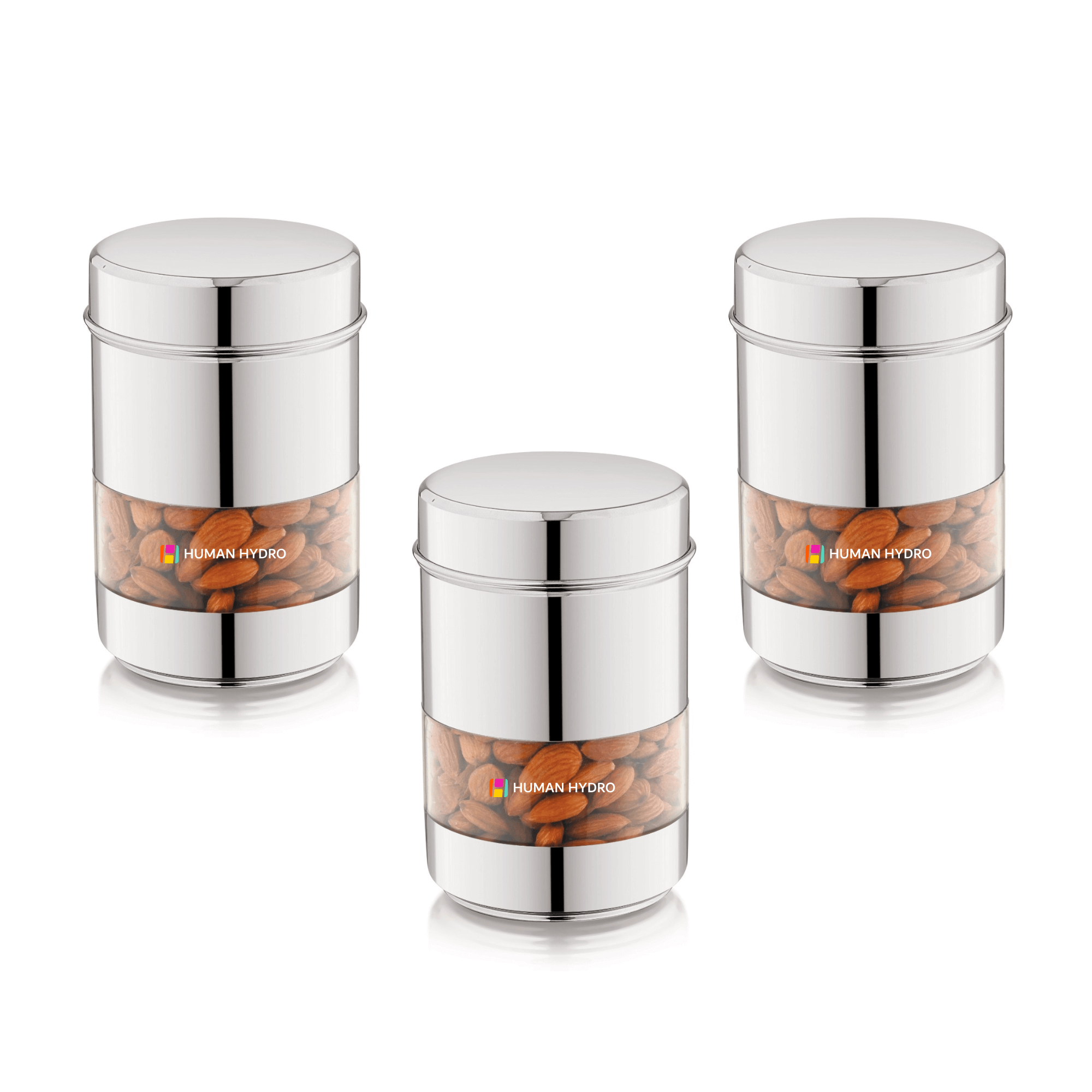 Set of 3 stainless steel storage containers by Human Hydro, featuring airtight lids and transparent windows, filled with almonds.