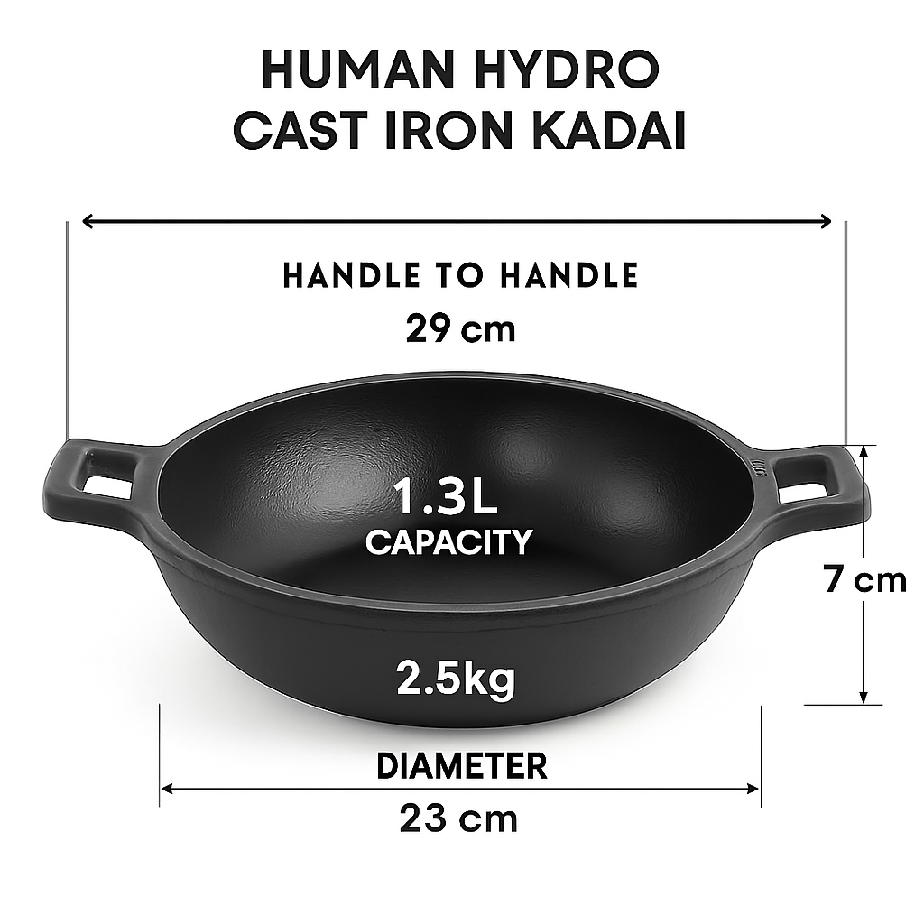 Cast Iron Kadai with Wooden Flip Spatula, 23CM, 1.3L, Naturally Nonstick, Non-Toxic, Flat Bottom, Induction & Gas Compatible