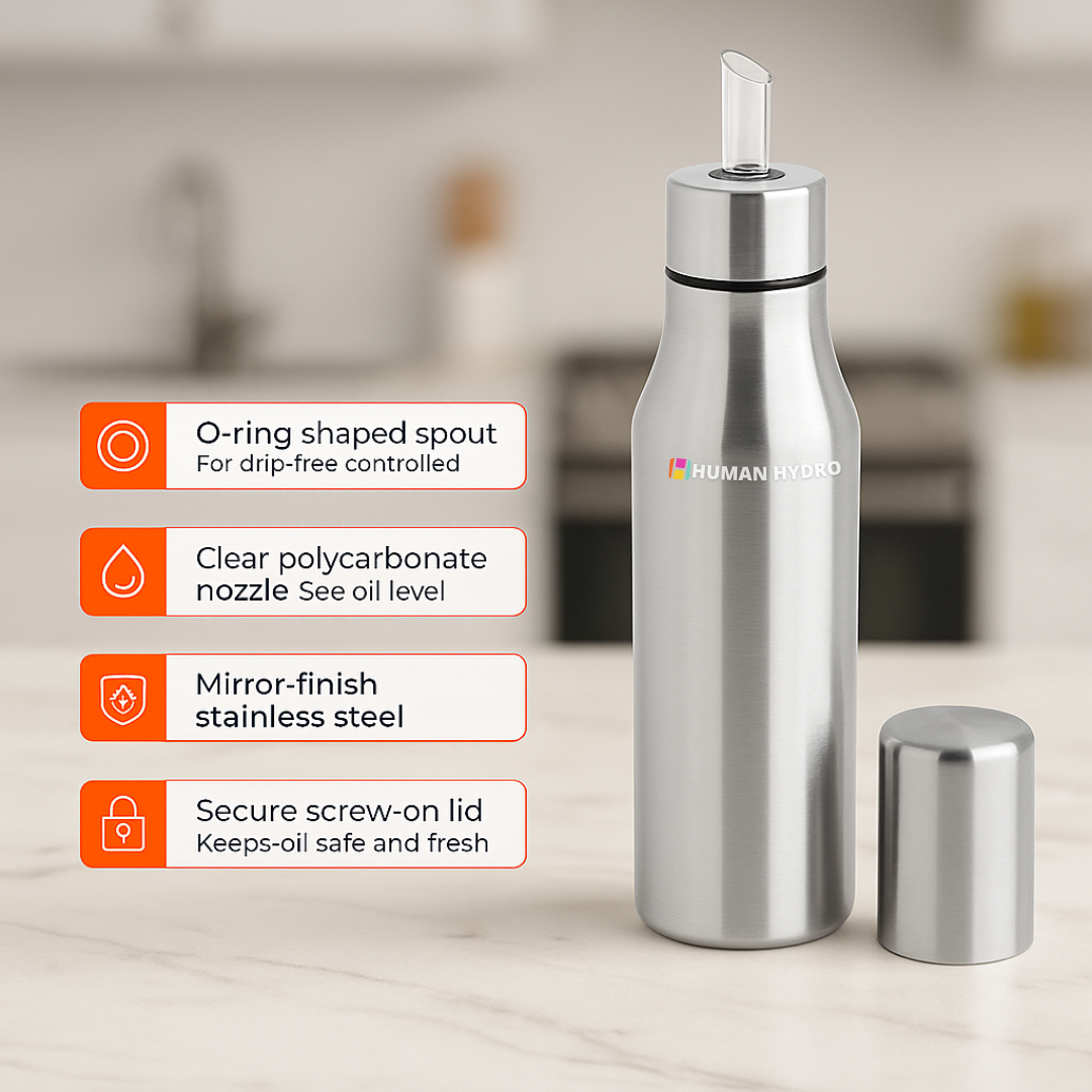 Stainless Steel Oil Dispenser – 600ml | Leak-Proof Oil Bottle with Spout | For Cooking Oil, Ghee, Vinegar | Rust-Free & Drip-Free Pouring