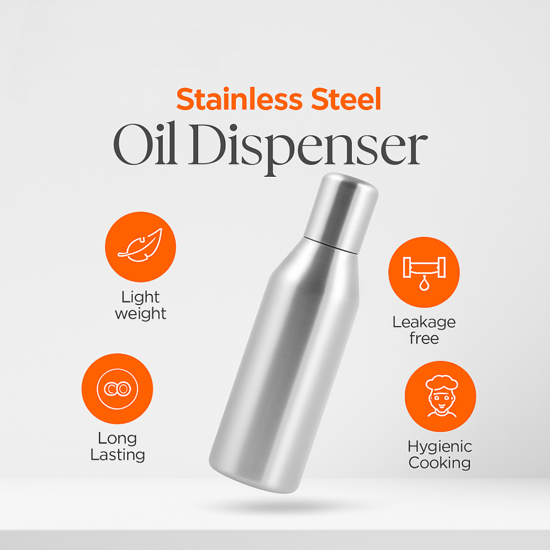 Stainless Steel Oil Dispenser – 600ml | Leak-Proof Oil Bottle with Spout | For Cooking Oil, Ghee, Vinegar | Rust-Free & Drip-Free Pouring