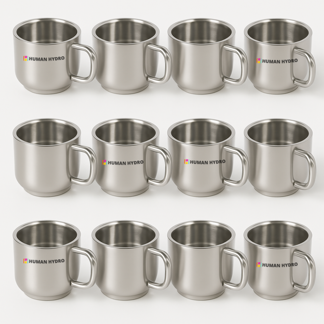 Set of 12 Premium Large Stainless Steel Tea Cups (130 ml each), Spill-Proof Rim Design, Durable, Rust-Free & Dishwasher Safe