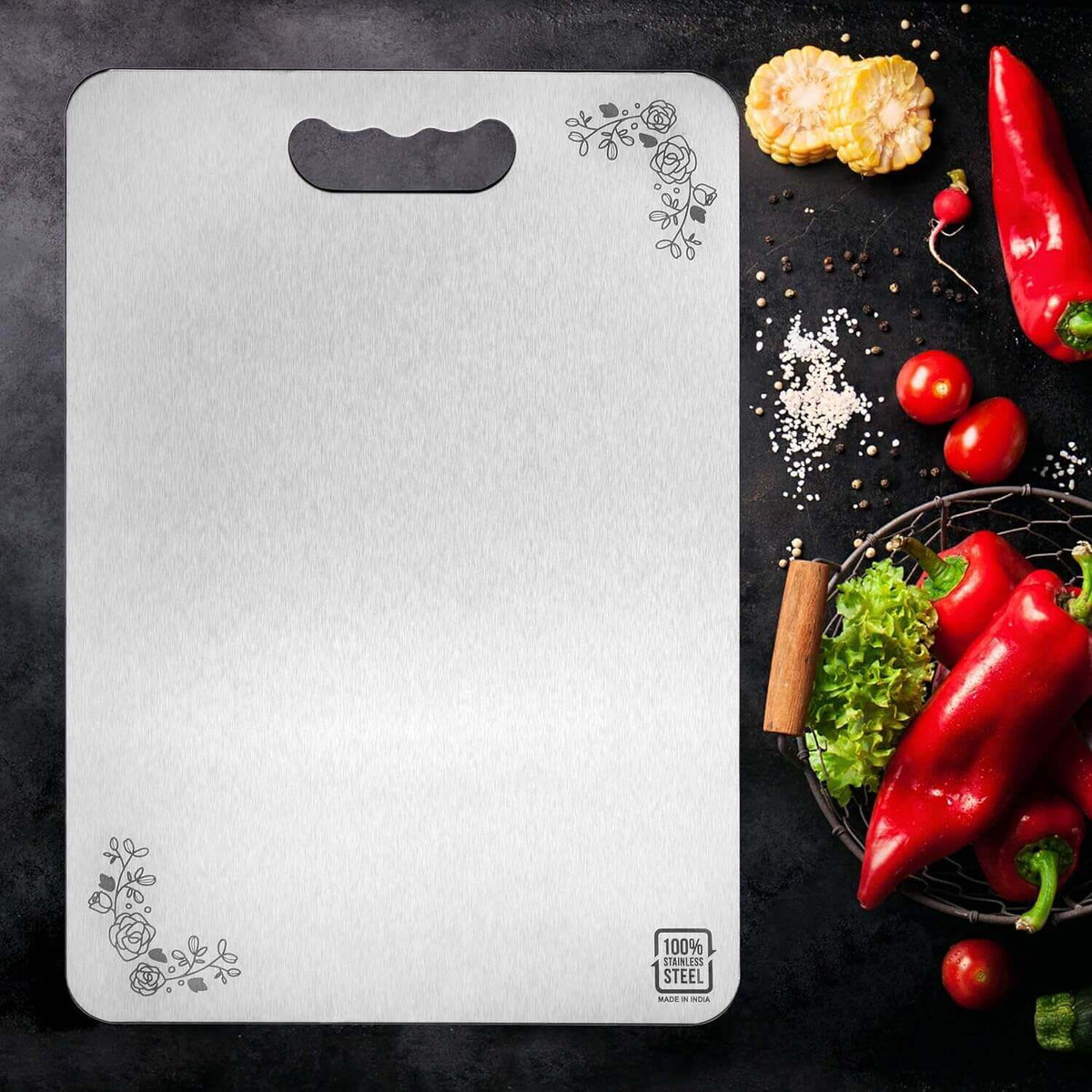 Stainless steel chopping board with floral design, rust-resistant, ideal for cutting vegetables, fruits, and meat.