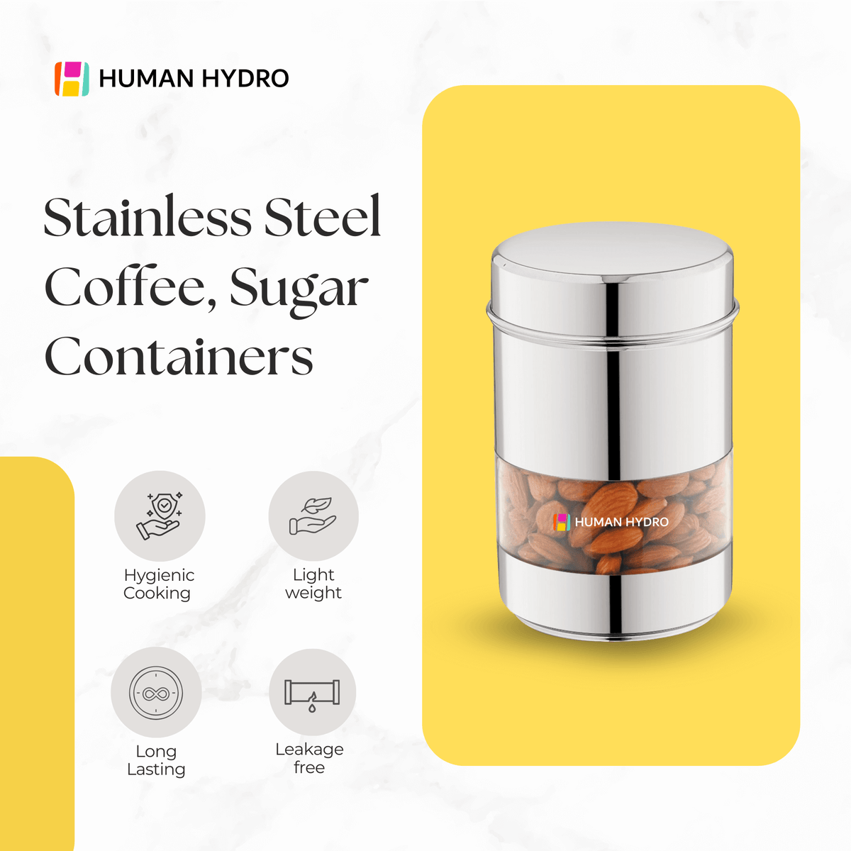 Stainless steel coffee and sugar container with transparent window, stylish design, and hygienic features for kitchen use.