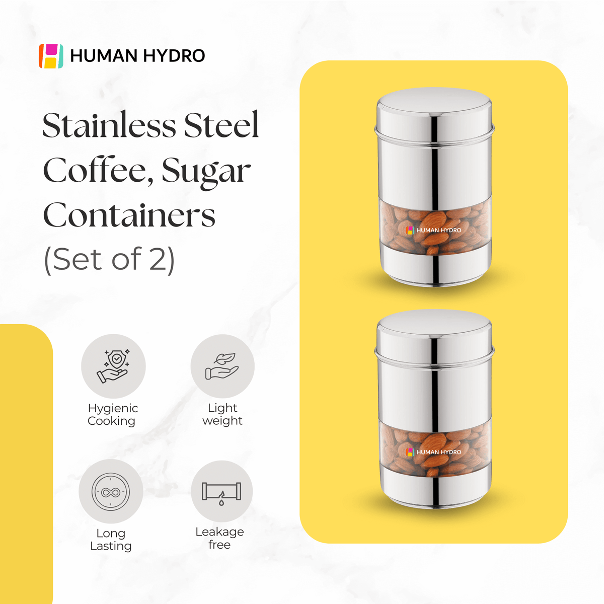Set of 2 stainless steel coffee and sugar containers with transparent windows, hygienic and lightweight design.