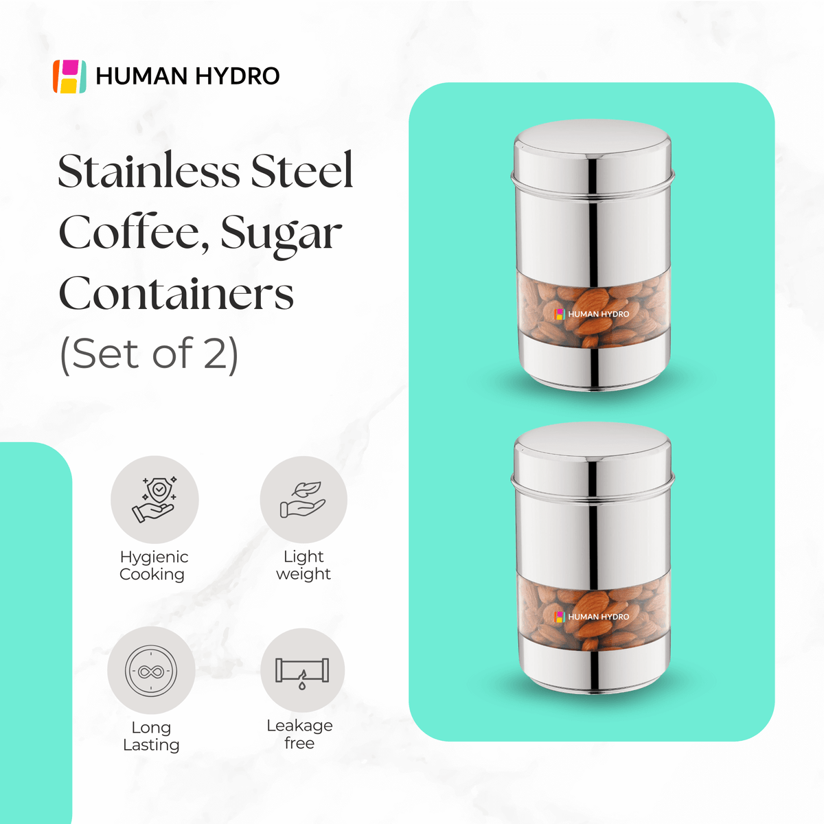 Stainless steel coffee and sugar containers set of 2 by Human Hydro, featuring transparent windows and lightweight design.
