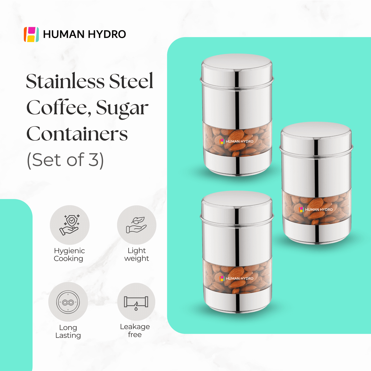 Set of 3 stainless steel coffee and sugar containers with transparent windows for easy viewing.