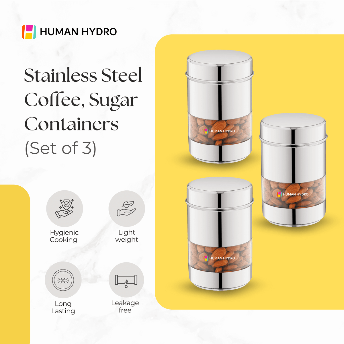 Set of 3 stainless steel containers for coffee and sugar with transparent window, lightweight and hygienic for kitchen storage.