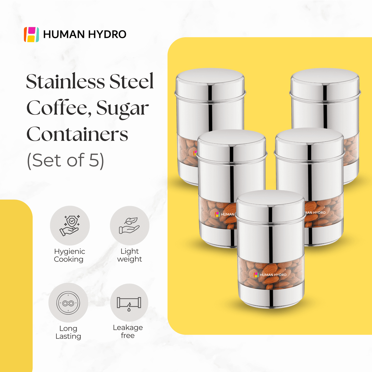 Set of 5 stainless steel coffee and sugar containers with transparent windows for organized kitchen storage.