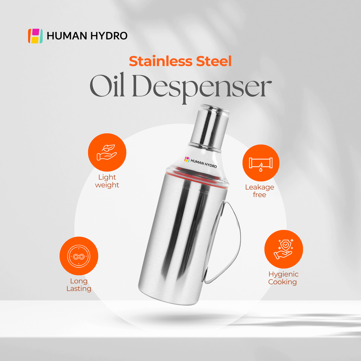 Stainless steel oil dispenser by Human Hydro, lightweight, leak-proof, and designed for hygienic cooking.