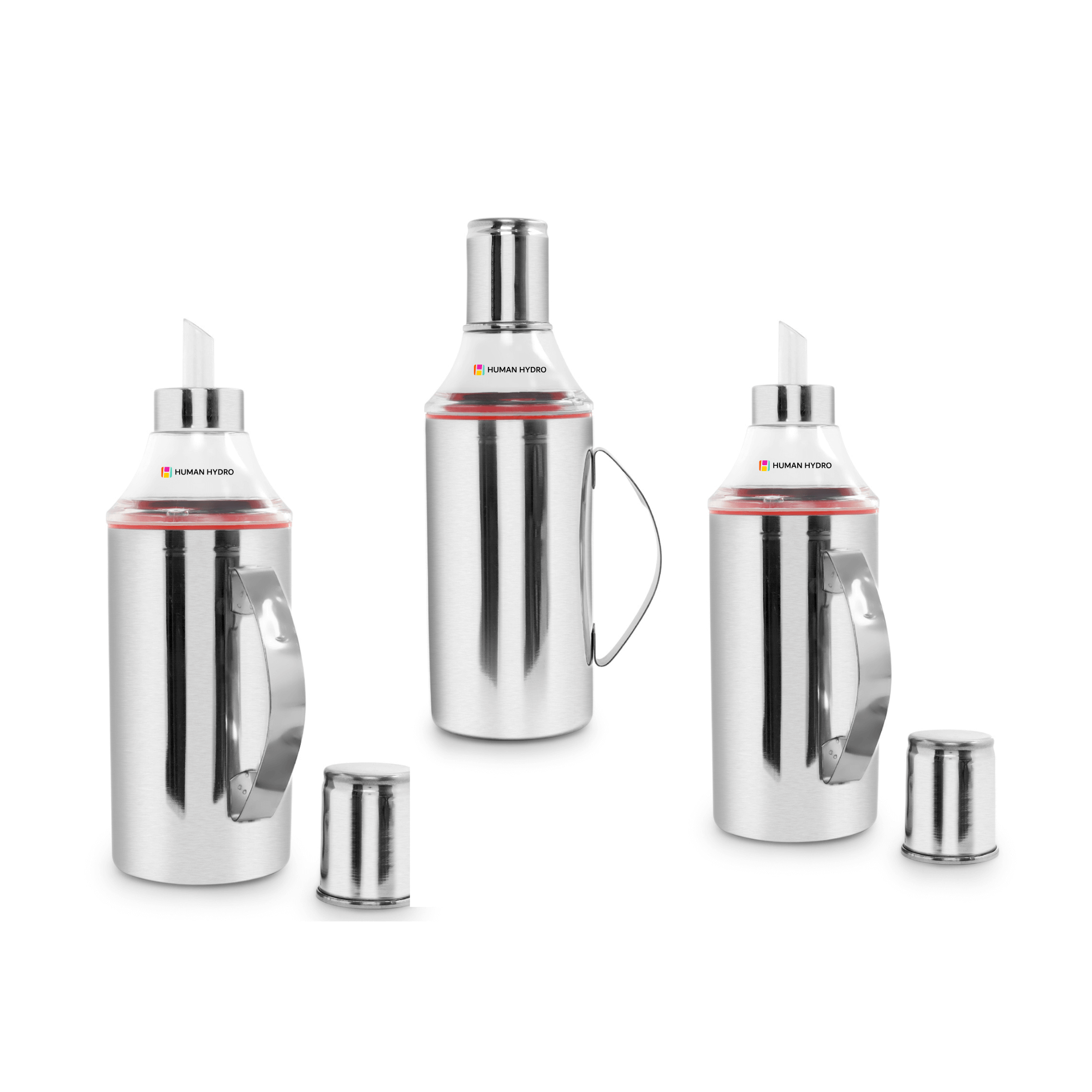 Set of 3 stainless steel oil dispenser bottles with rust-resistant finish and leak-proof spouts for kitchen use.