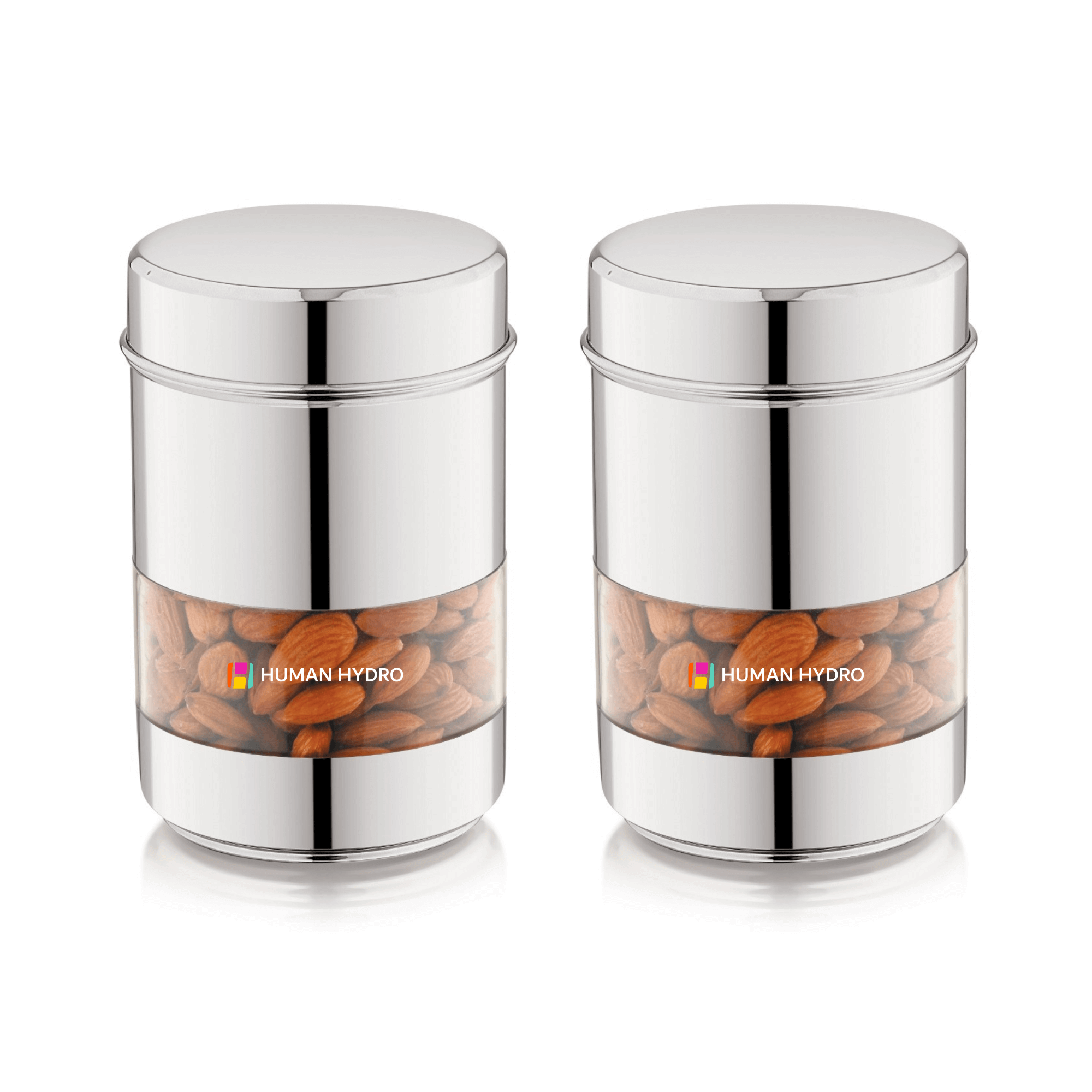 Set of 2 Human Hydro 750ml stainless steel storage containers with transparent windows, ideal for spices and snacks.