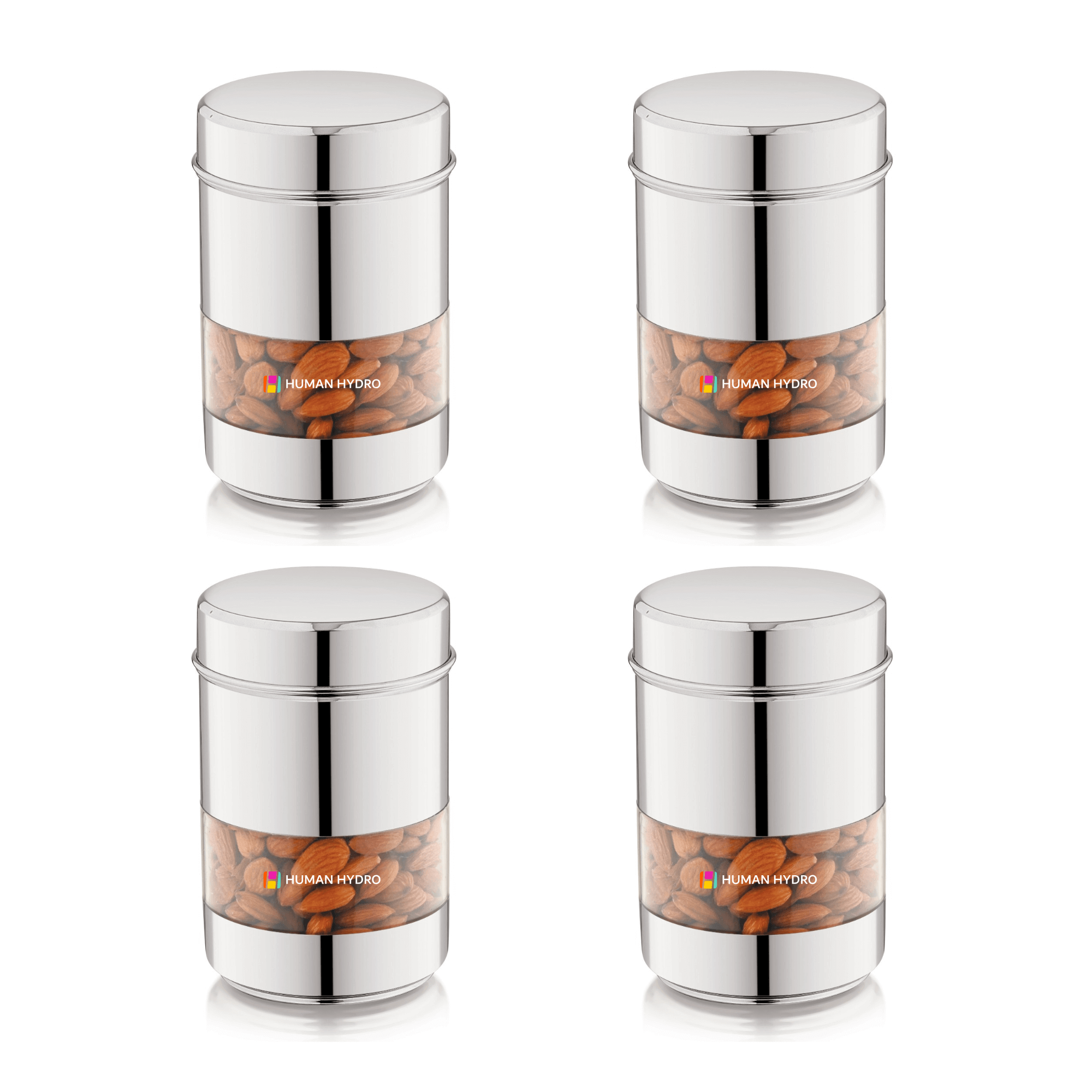 Set of 4 Human Hydro stainless steel containers with transparent windows, ideal for storing almonds and other snacks.
