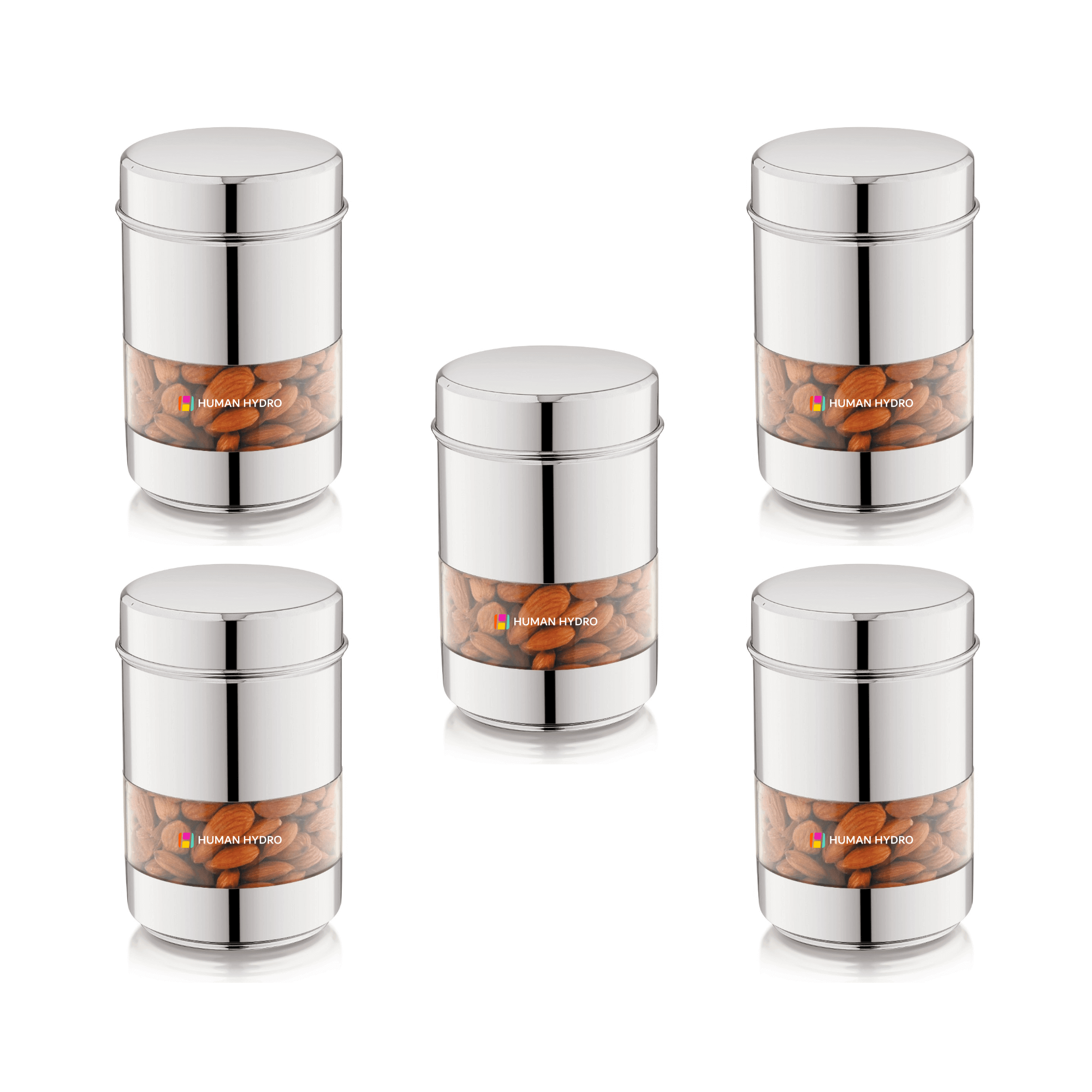 Set of 5 stainless steel storage containers with transparent windows, ideal for spices, grains, and pantry storage.